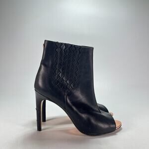 Ted Baker Black Leather Gold Peep Toe Heeled Ankle Booties Women's Sz 6.5 EU 37